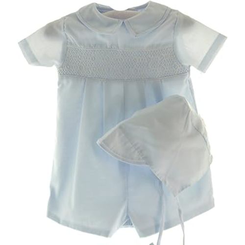 Petit Ami Infant Boys Blue Smocked Baptism Romper Outfit & Hat Set-3M