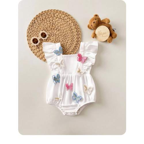 Newborn Baby Girl Cute Casual Butterfly Ruffle Bodysuit, Summer