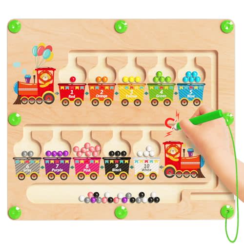 Magnetic Color and Number Maze, Montessori Toys for 2 3 4 Year Old- Train | Birthday Gifts for Girls Boys, Wooden Color Matching Puzzle Board, Preschool Learning Activities, Travel Toys for Ages 2-4
