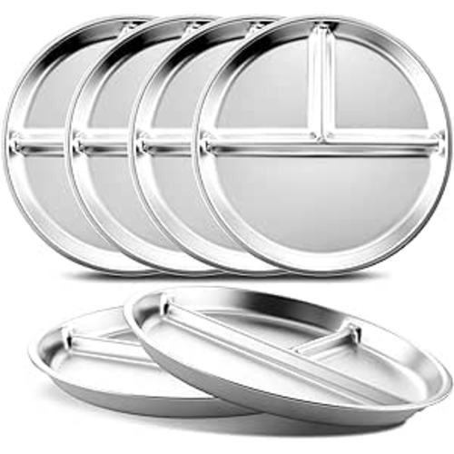 Bakpoco Stainless Steel Kids Plates Set of 6, 9" Portion Control Plates Divided Plate for Adults Toddlers Balance Lunch, Bariatric & Diabetic Diet, Non Toxic Camping Metal Snack Plate for Eating