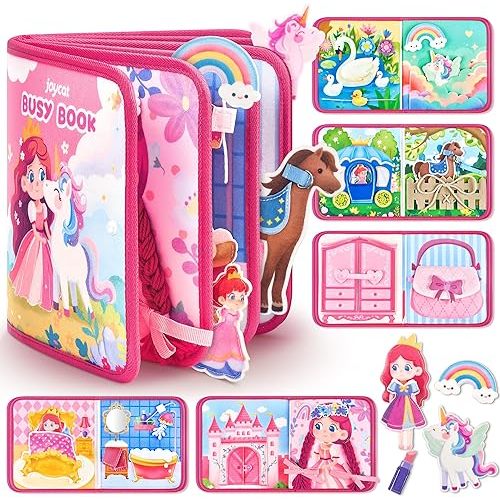 JoyCat Princess Busy Book for Toddlers 18 Months -3 – Activity Book with Dress-Up, Unicorn & Castle Play – Travel Toy Felt Quiet Book for Fine Motor Skills, Gift for Girls
