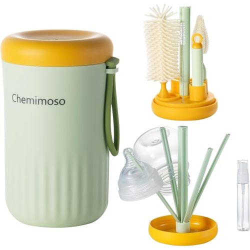 Chemimoso Travel Silicone Baby Bottle Cleaner Brush Set, Foldable Baby Bottle Drying Rack, Essential Cleaning Set for Outdoor Travel, Orange and Green