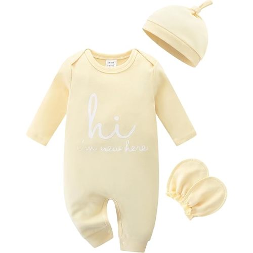 Babymine Cute Newborn Unisex Baby 100% Cotton Long Sleeve Onesie Coming Home Outfits,Soft Romper with Mittens & Hat
