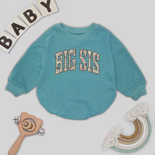 Big Sister Camo Western Baby Romper, Retro Camouflage Cowgirl Varsity Quote, Distressed Country Sibling Announcement Outfit