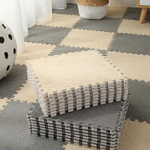 9 Pieces Plush Square Jigsaw Foam Floor Mat, Washable, Soft Interlocking Rug Tiles, Interlocking Rugs Fluffy Rugs(Gray+Apricot)
