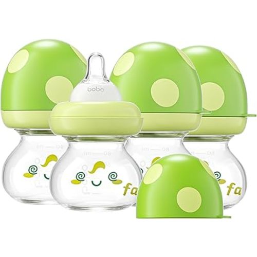 YOHKOH Newborn Glass Baby Bottles with Slow Flow Nipple for 0+ Months, Wide Neck Feeding Bottle, 2.7oz/80ml (Green, 2.7oz (Pack of 4))