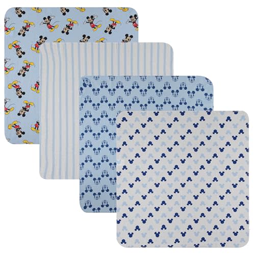 Disney Baby 4-Pack Receiving Blankets — 100% Cotton Flannel, 28" x 28" — Available in Mickey, Minnie, Pooh, Stitch or Angel — Soft Swaddle, Burp & Stroller Blankets — Gift-Ready with Ribbon Bow