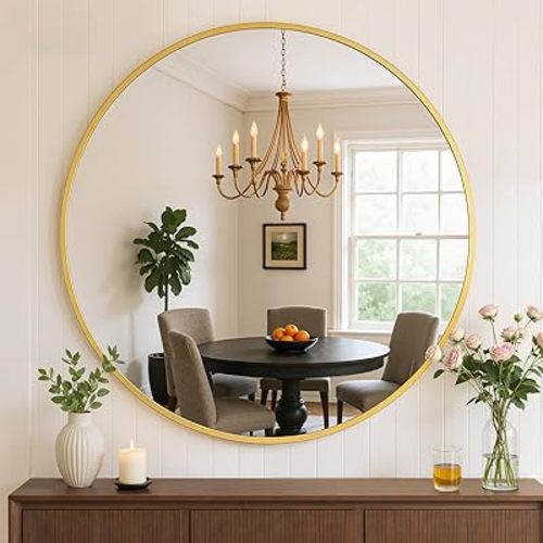 Bathroom Mirror for Wall, 20 Inch Round Mirror, Matte Gold Metal Framed Circle Vanity Mirror for Bathroom Bedroom Living Room Entryway, Anti-Rust, Tempered Glass, Hanging or Leaning