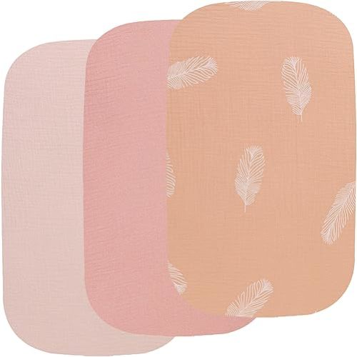 Onacosht Muslin Bassinet Sheets 3 Pack, 100% Cotton Baby Fitted Sheet 33" x 19" Compatible with Mika Micky, KoolaBaby (3 in 1), BabyBond, HARPPA and RICUTON Bedside Bassinet, Solid Pink and Feather