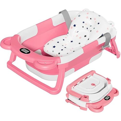 TPN Collapsible Baby Bathtub, Baby Bath Tub with Soft Cushion & Real-Time Thermometer, Baby Bathtub Infant to Toddler Tub (0-36 Months), Portable Newborn Travel Bath tub