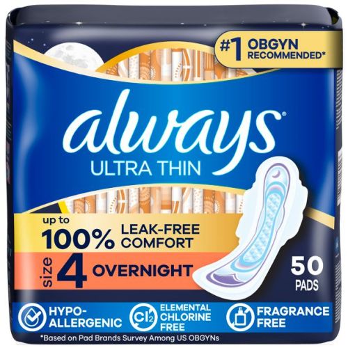 Always Ultra Thin Overnight Absorbency Unscented Pads with Wings - Size 4 - 50ct