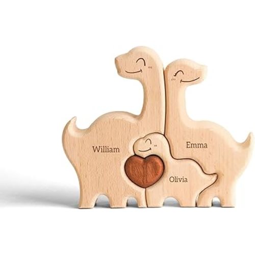 Wooden Dinosaur Family Puzzle, Personalized Puzzles with 2-5 Names, Fathers Day Birthday Wedding Gifts for Mom Dad Women Men, Home Decor Housewarming Gifts for Parents Couple