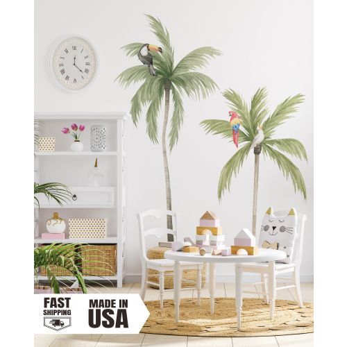 Watercolor Palm Tree Fabric Wall Decal Set, Tropical Birds