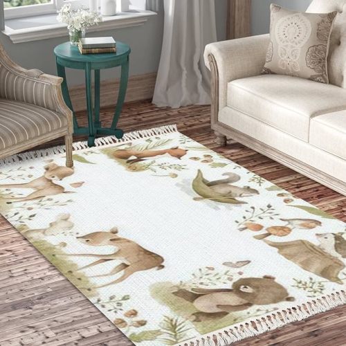 Boho Nursery Rug Animals Watercolor Forest Baby Scandinavian Chic Area Rug Washable Rug Mat Minimalist Home Decor for Living Room Bedroom Playroom Classroom