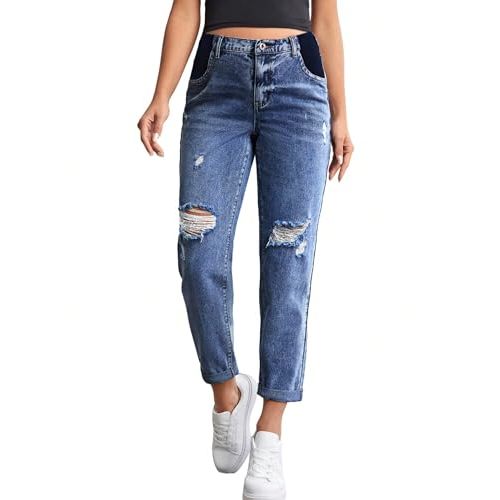 BEAUDRM Women's Maternity Casual High Waist Zipper Ripped Jeans Pants Trousers Mom Fit Denim Pants Medium Wash X-Large