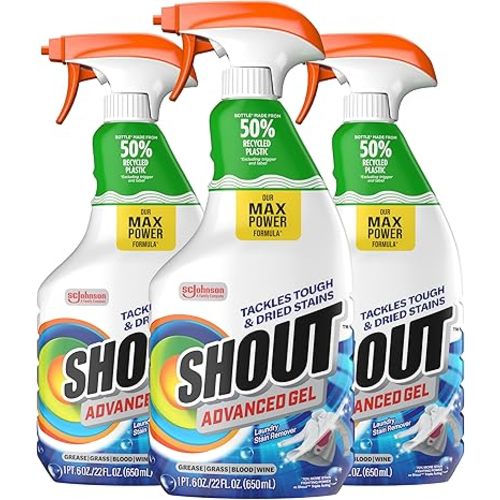 SHOUT Advanced Laundry Stain Remover Gel for Clothes Laundry, Breaks Down Stubborn, Dried-in, and Tough Stains, 22oz Spray, Pack of 3 (Packaging May Vary)