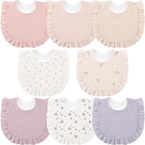 Bearmoss 8 Pack Muslin Baby Bibs for Drooling and Teething, Bibs for Girls | Ultra Soft & Absorbent Baby Girl Bibs with Ruffle Trim, Baby Essentials for Newborn