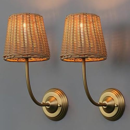 Set of 2 Rattan Boho Wrapped Wall Sconce Light, Indoor Hardwired Gold Hand-Woven Farmhouse Vintage Wall Lamps, Brass Handmade Shade Wall Mount Fixture for Reading Bedside Bedroom(Antique)