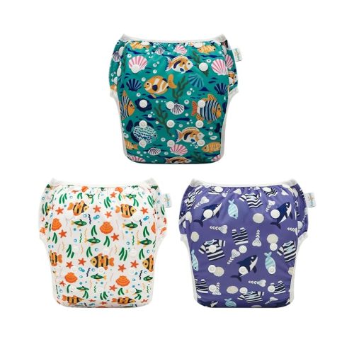 Babygoal Reusable Swim Diapers 3 Pack for 0-8 Months Newborn and Baby Swimming Lessons-Fish & Shark