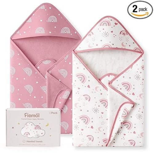 Hooded Baby Towels for Newborn,100% Cotton Baby Bath Towels with Hood for Infant Toddler Girl, 2 Pack 32x32 Inch Soft & Absorbent Knit Terry Bath Essentials Pink Rainbow