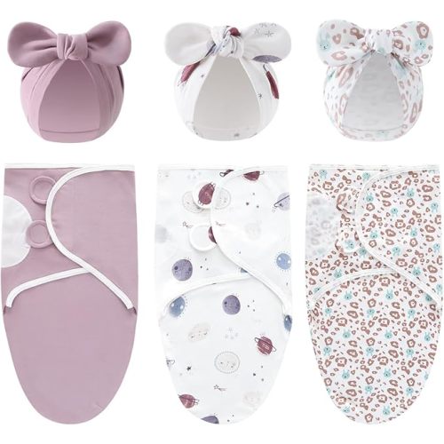 3-Pack Baby Swaddles for Newborns with Bow Hat Pink/Heart/Tulips
