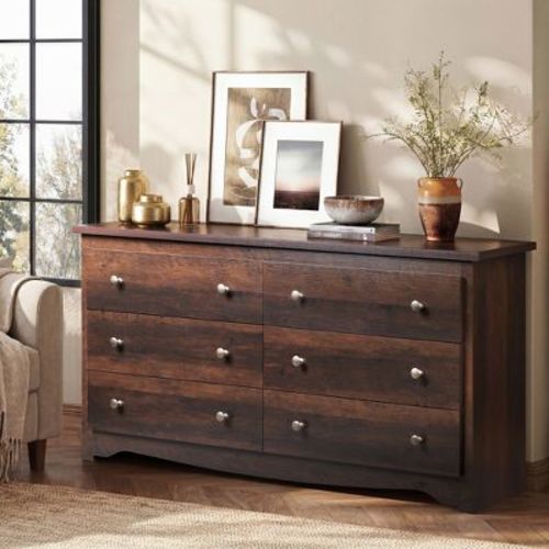 DEXYLLO 6-Drawer Wide Storage Dresser, 59 Inch Modern Wooden Chest, Multi-Purpose Organizer for Bedroom & Living Room, Brown