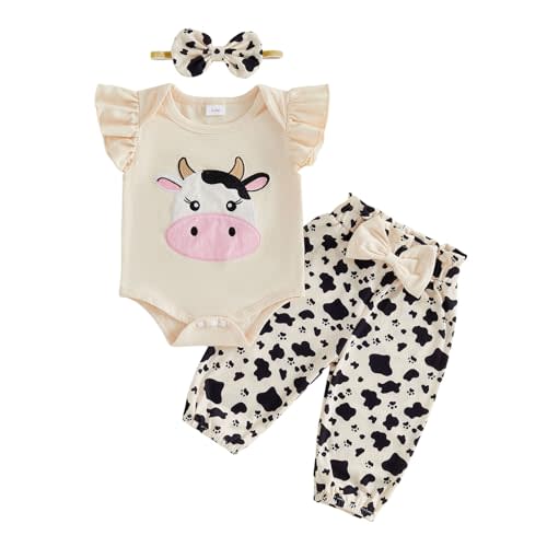 Ursobutegl Newborn Baby Girl Summer Clothes Cow Ruffle Sleeveless Romper Bodysuit Jumpsuit Tops Bow Pants Set Infant Outfit