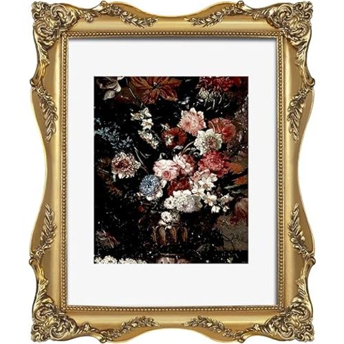 Vintage Gold 11x14 Picture Frame with Mat for 8x10 or 11x14 Photos, Real Glass, Ornate Baroque Gothic Victorian Frames for Wall Display
