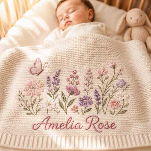 Personalized Knit Baby Blanket, Custom Double Name Embroidered Wildflower Blanket, Butterfly Baby Girl Keepsake, Newborn Gift