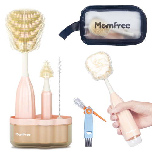 Momfree Baby 6 in 1 Portable Bottle Brush Set, Cleaning Tool for Home and Travel, Push-Press Design Silicone Bottle Brush, for Baby Bottles, Breast Pumps, Nipples, with Storage Bag