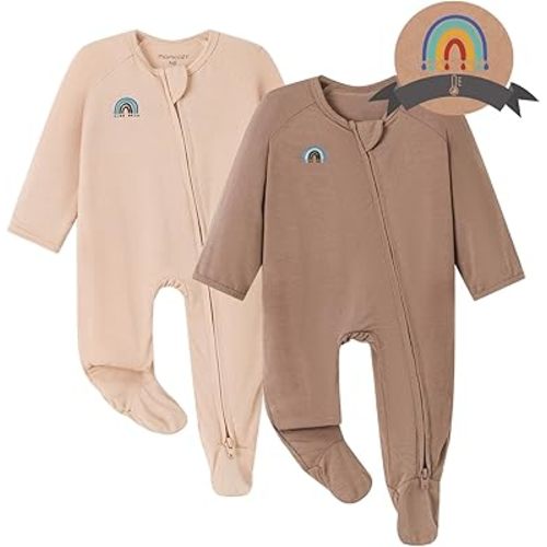Momcozy Unisex Baby Pajamas, Baby-Temp Monitoring Double Zipper Boy Girl Sleepers Rompers Footie, 2 Pack Light Weight Stretchy Viscose Derived from Bamboo Baby Jammies, 0-3 M, Pinkish Grey Brown