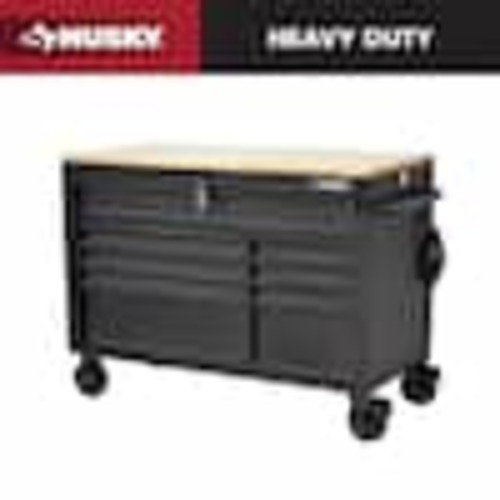 Husky 52 in. W x 25 in. D Heavy Duty 9-Drawer Mobile Workbench Cabinet with Adjustable-Height Hardwood Top in Matte Black HOLC5209BB1M
