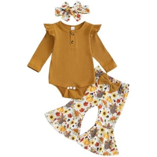 fhutpw Baby Girl Clothes Newborn 3 6 12 18 Months Fall Outfits Ruffle Knitted Long Seeve Romper Top & Flare Pants Sets