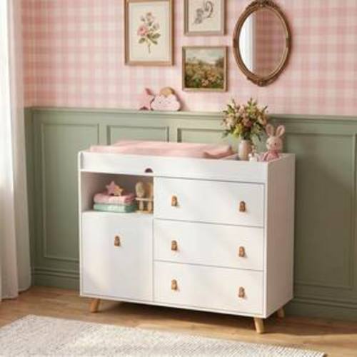 4-Drawer White Wood 44.9 in. W Kids Low Dresser Storage Organizer Cabinet With Changing Table Open Shelf