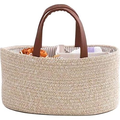 MCHERRY Baby Nappy Caddy, Nappy Organiser, Stylish Nursery Bohemian Cotton Rope Storage Basket, Portable Car Organizer with Removable Inserts, Baby Shower Basket, 38 x25 x18 CM (Brown)