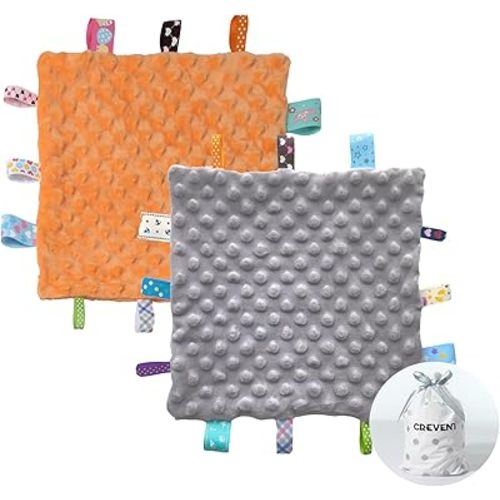 CREVENT Tag Security Blankets for Babies, Soft Small Loveys for Girls, Baby Comforter Sensory Blanket, Great Gifts for Birthday Baby Shower 10"X10" (Grey + Orange)