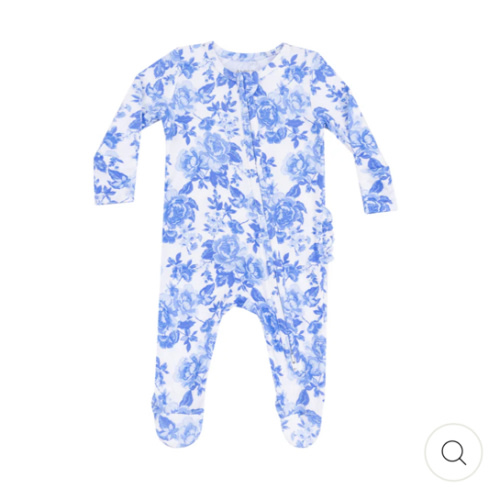 2 Way Zipper Ruffle Back Footie - Roses In Blue