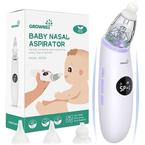 GROWNSY Nasal Aspirator for Baby | Baby Nose Sucker | Electric Nose Suction for Toddler, Ergonomic Booger Sucker with 3 Silicone Tips, Music & Light Soothing Function(White)