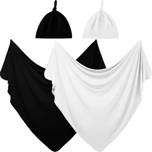 JaGely 2 Pack Baby Newborn Swaddle Blanket and Hat Set 47" x 47" Large Stretchy Receiving Blankets Set for Newborn Baby(Black, White)