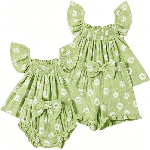 Sister Matching Outfits Toddler Baby Girl Summer Clothes Ruffle Tops with Bow Bloomers Shorts Set