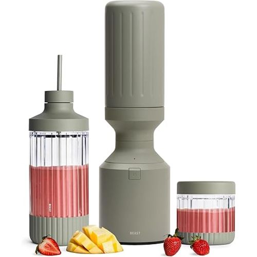 Beast Mega 1200 Stainless Steel | Premium Countertop Blender | Smoothies, Shakes, Sauces, Dips | Lg Servings | Blends Ice + Frozen Fruit | Double-Wall Insulation | Extra Vessels | 1200W (Sage)