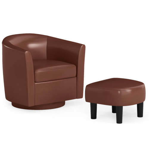 Modern Club Swivel Accent Chair With Ottoman Footrest Curved Backrest-Brown