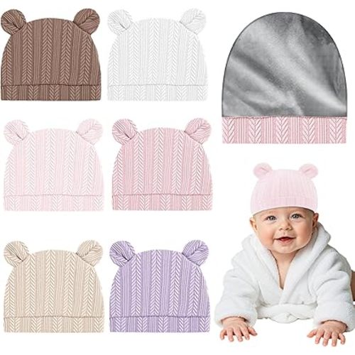 6 Pcs Satin Lined Baby Newborn Hats Baby Bonnets Sleepy Hat Newborn Hat with Cute Bear Ears Soft Silk Satin Lined Hats Hospital Caps 0-6 Months Girls Boys
