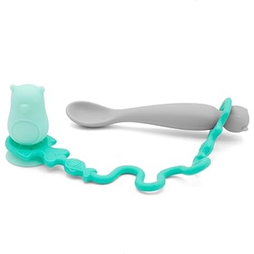 • Easy Learn Baby Spoon & Tether Set • Baby Spoon with Tether for Babies and Toddlers • Keeps Spoon Off Floor • Ages 6 mo+ • Dishwasher Safe (Bear, Sea Foam)