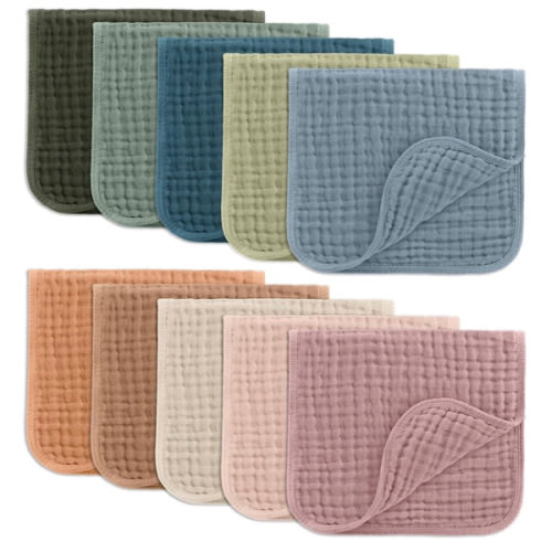Comfy Cubs Muslin Burp Cloths 20" x 10", Pack of 10 - Large, 6-Layer, Ultra Absorbent 100% Cotton for Baby Drool and Messes - Soft, Safe & Gentle Baby Burp Cloths for Boys & Girls - Multi