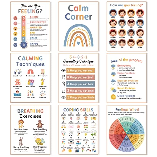 9 Calming Corner Posters,Calm Down Corner Feelings Chart for Kids, Mental Health Posters,Classroom Educational Poster Emotions Chart Coping Skills,Preschool Classroom Wall Art Decorations Mood Calming