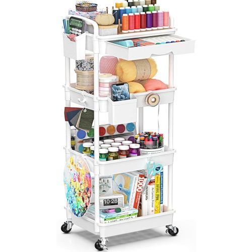 SUNALLY 4 Tier Rolling Utility Cart with Drawer, Storage Organizer Cart with 2 Lockable Wheels, Multifunctional Rolling Storage Cart for Bathroom, Kitchen, Craft, Makeup, Baby Essentials, White