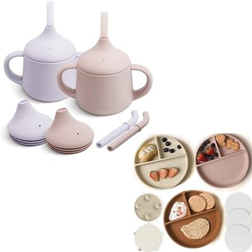 Moonkie Silicone Baby Sippy Cups 2-Pack & Suction Plates for Baby 3-Pack | 3-in-1 Training Cup with Straw, Spout, & Open Cup | 100% Silicone, BPA-Free, Dishwasher Safe, Perfect for Infants & Toddlers