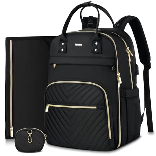MOMUVO Diaper Bag Backpack, Quilted Baby Bag with Changing Pad and Stroller Straps, Dark Black
