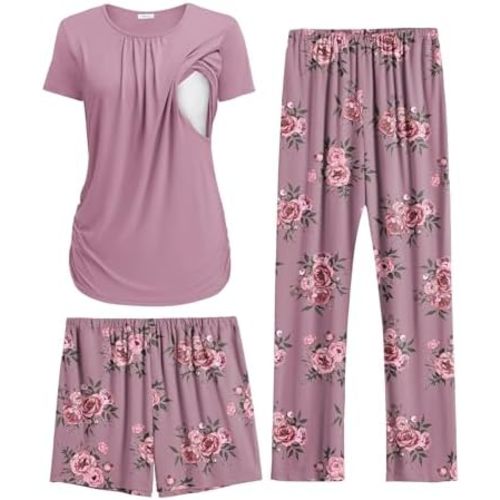 Ekouaer Maternity Nursing Pajamas Set 3 Piece Postpartum Lounge Breastfeeding Pjs Pregnancy Shorts & Pants S-XXL